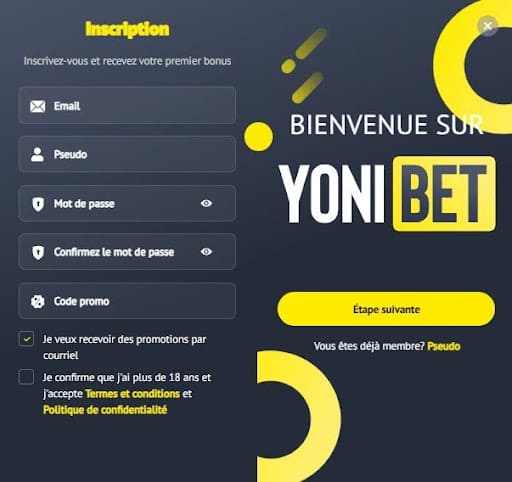 Yonibet Casino inscription