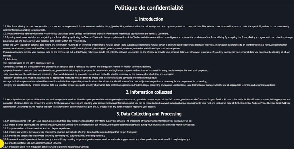 Yonibet Casino politique confidentialité