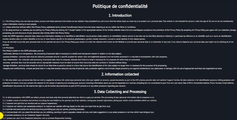 Yonibet Casino politique confidentialité